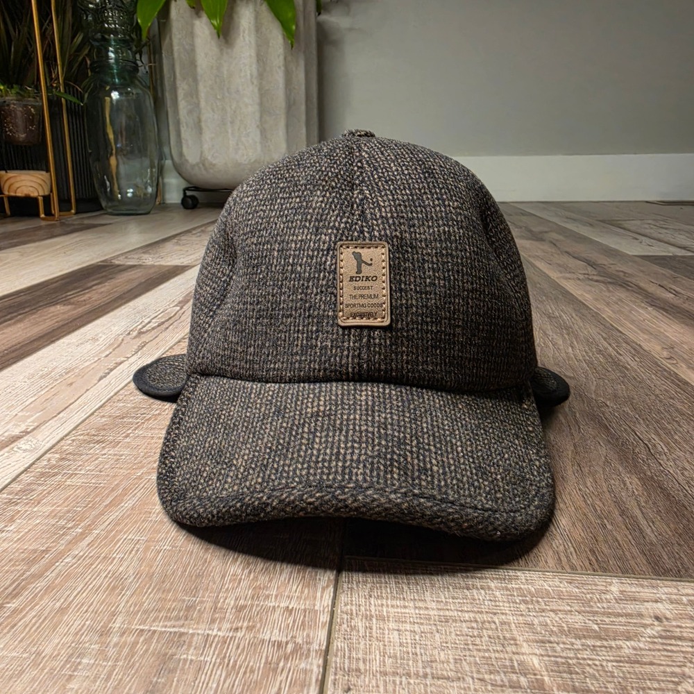 Ediko Earflap Baseball Cap Mens OSFM Brown Tweed Knit Winter Hunting Hat Classic
